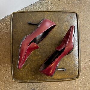 prada burgundy loafer heels